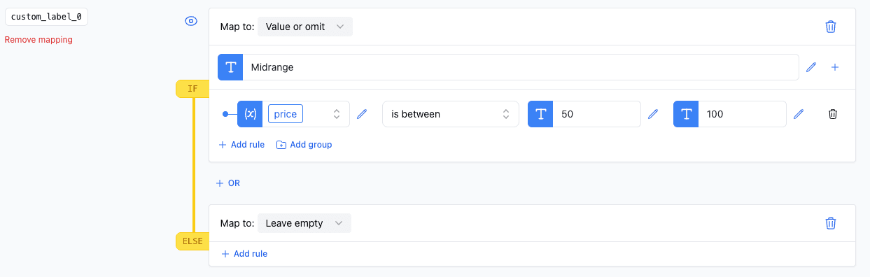 A screenshot illustrating the between rule used to flag products with a price between 50 and 100.