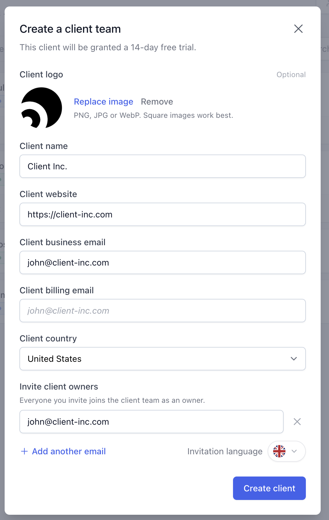The Create a client team form
