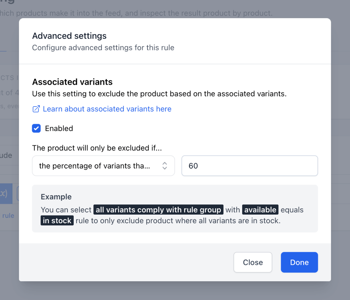 Feed filtering: associated variants set to a percentage above 60
