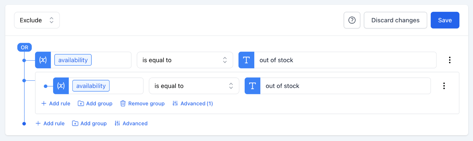 Feed filtering: an out of stock rule next to a rule group that uses associated variants