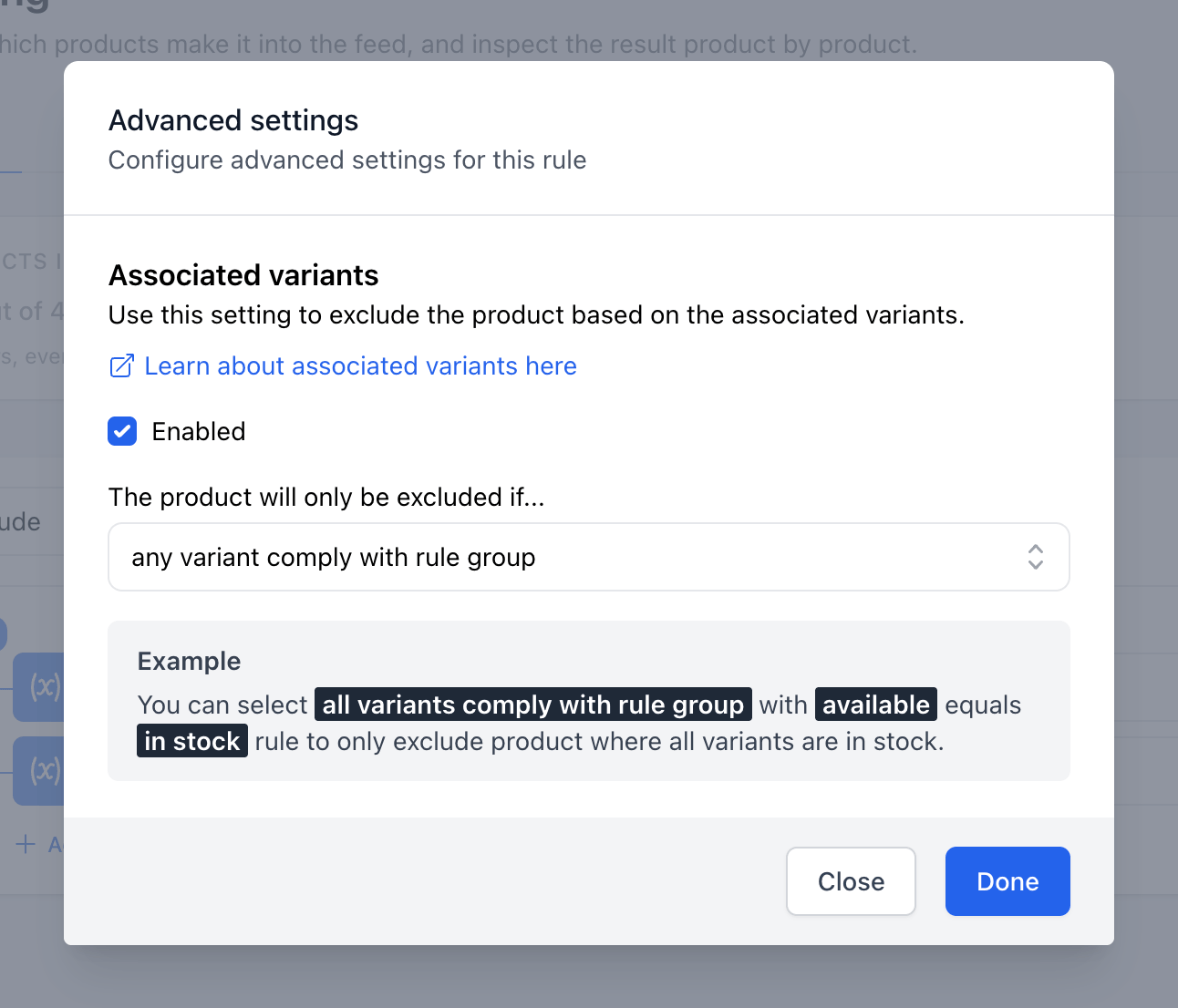 Feed filtering: associated variants set to any variant
