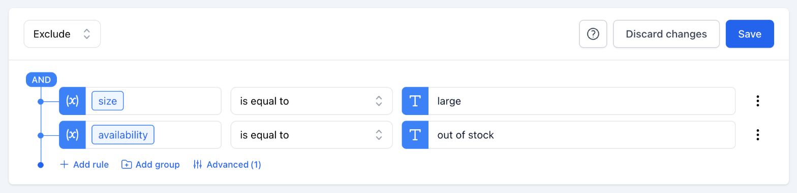 Feed filtering: size equals large and availability equals out of stock
