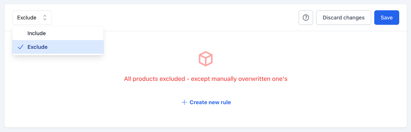 Feed filtering: the filter type dropdown with Exclude selected