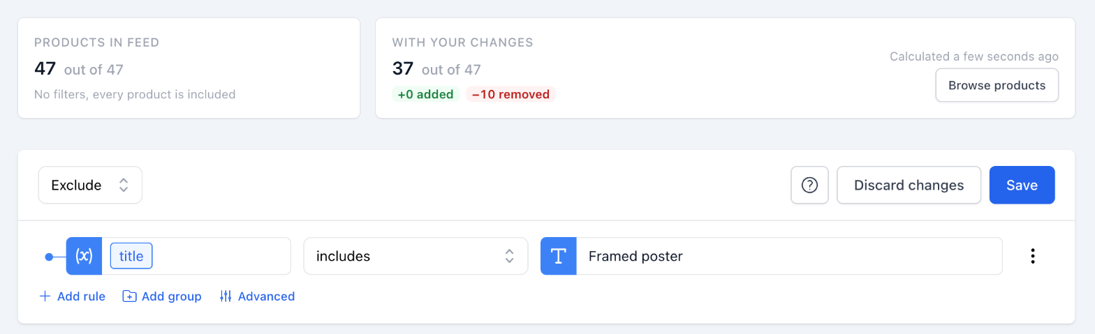 Filter preview card showing products with your changes