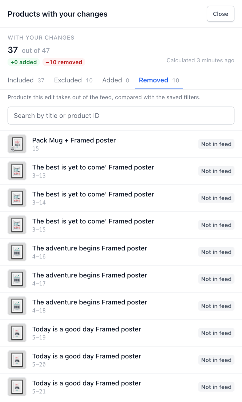 Browse products panel with the Removed tab open