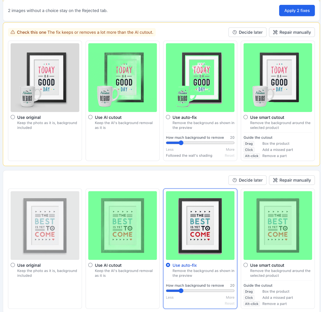 The Fix screen with two images and their four versions