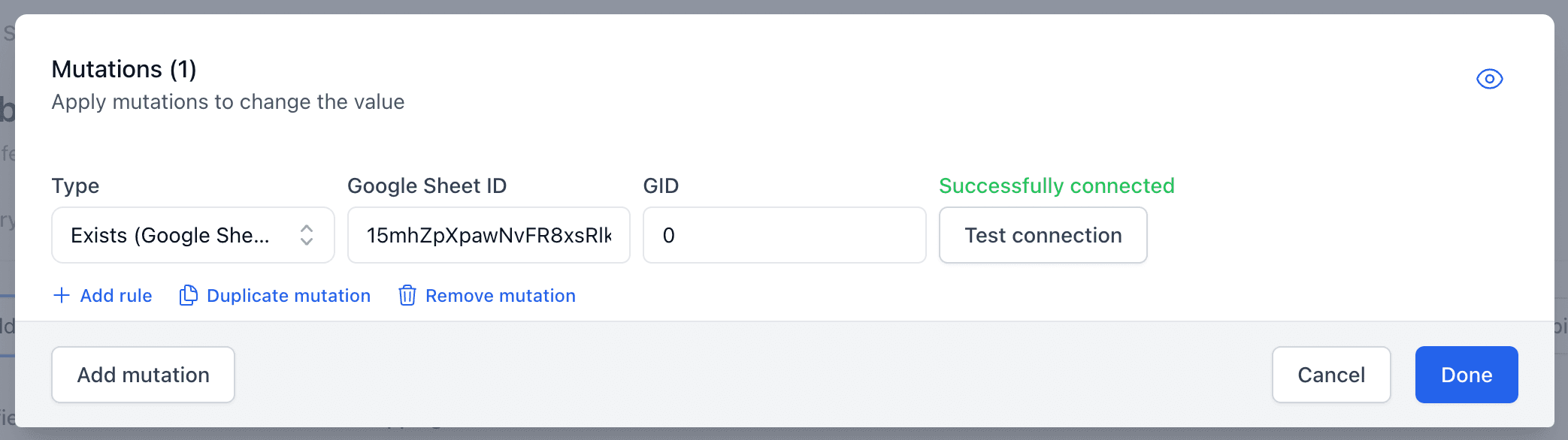A screenshot showing the exists (Google Sheet) mutation.