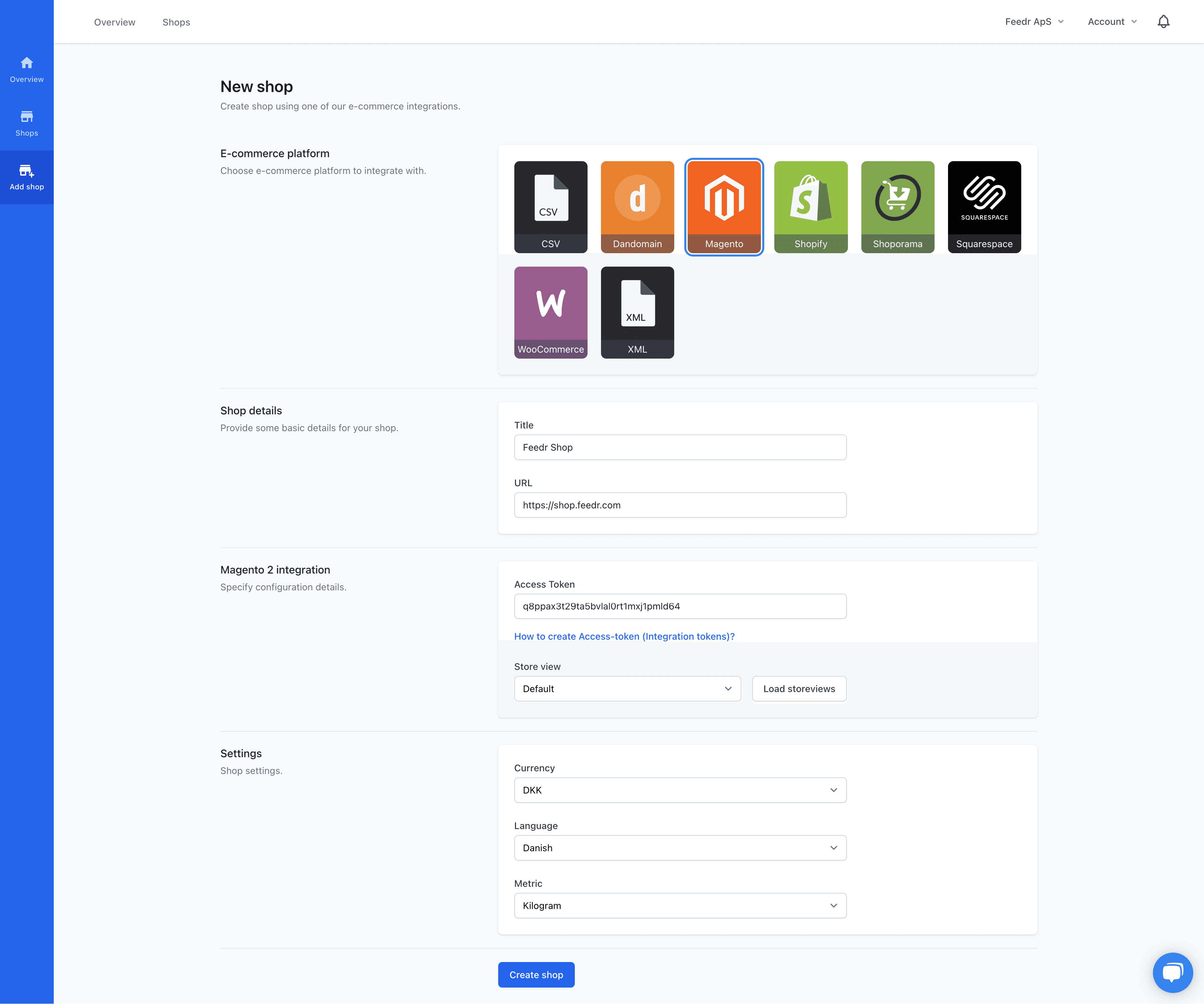 Setup of Magento Shop in Feedr