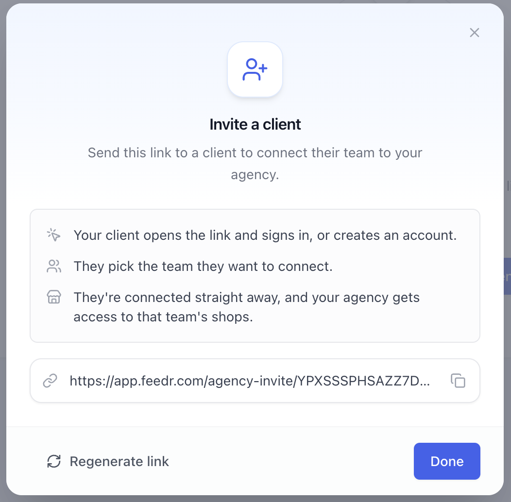 The Invite a client window with the invite link