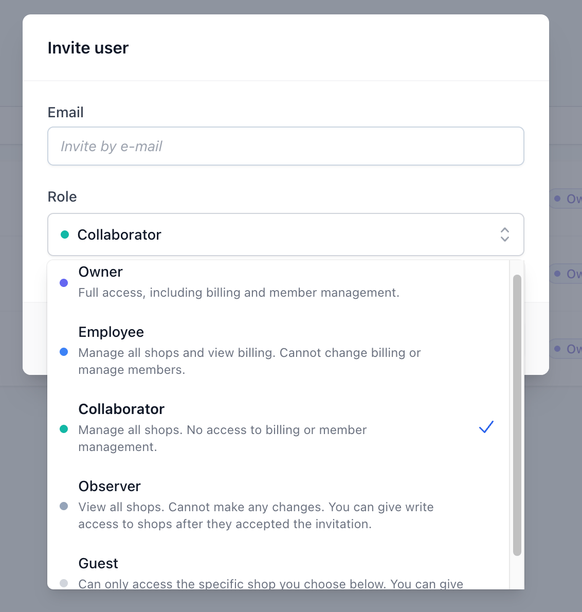 Invite user and choose a role