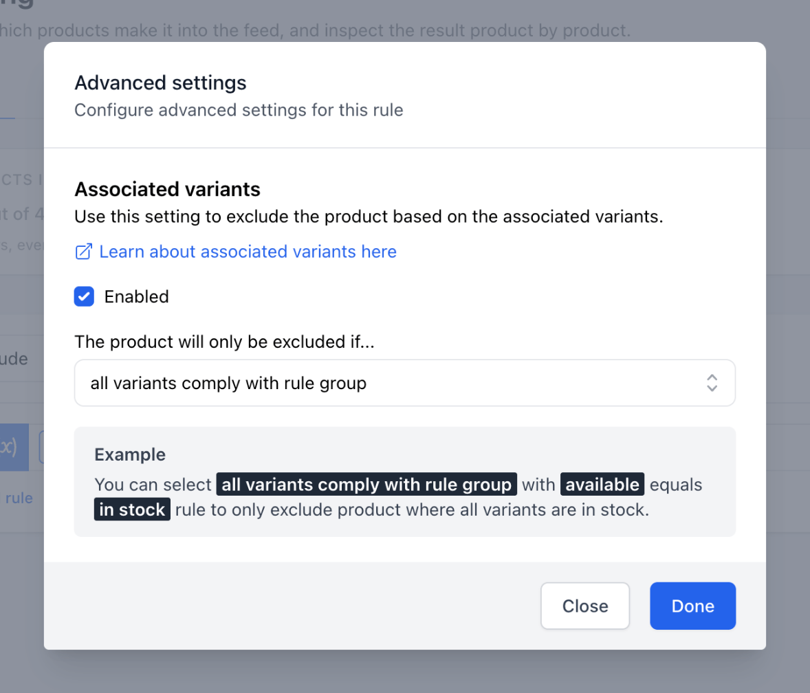 Feed filtering: advanced settings with associated variants enabled