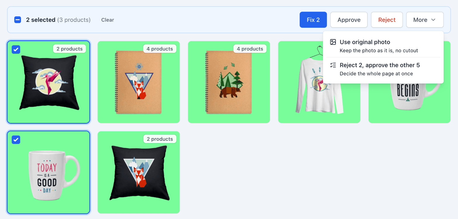 Two images selected, with the More menu open