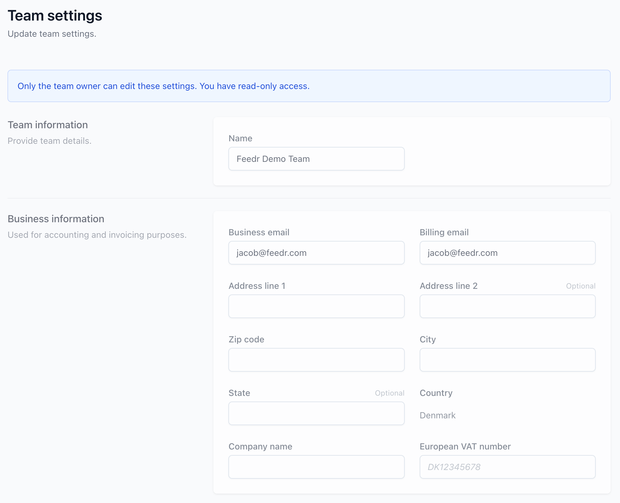 Team settings in read-only mode