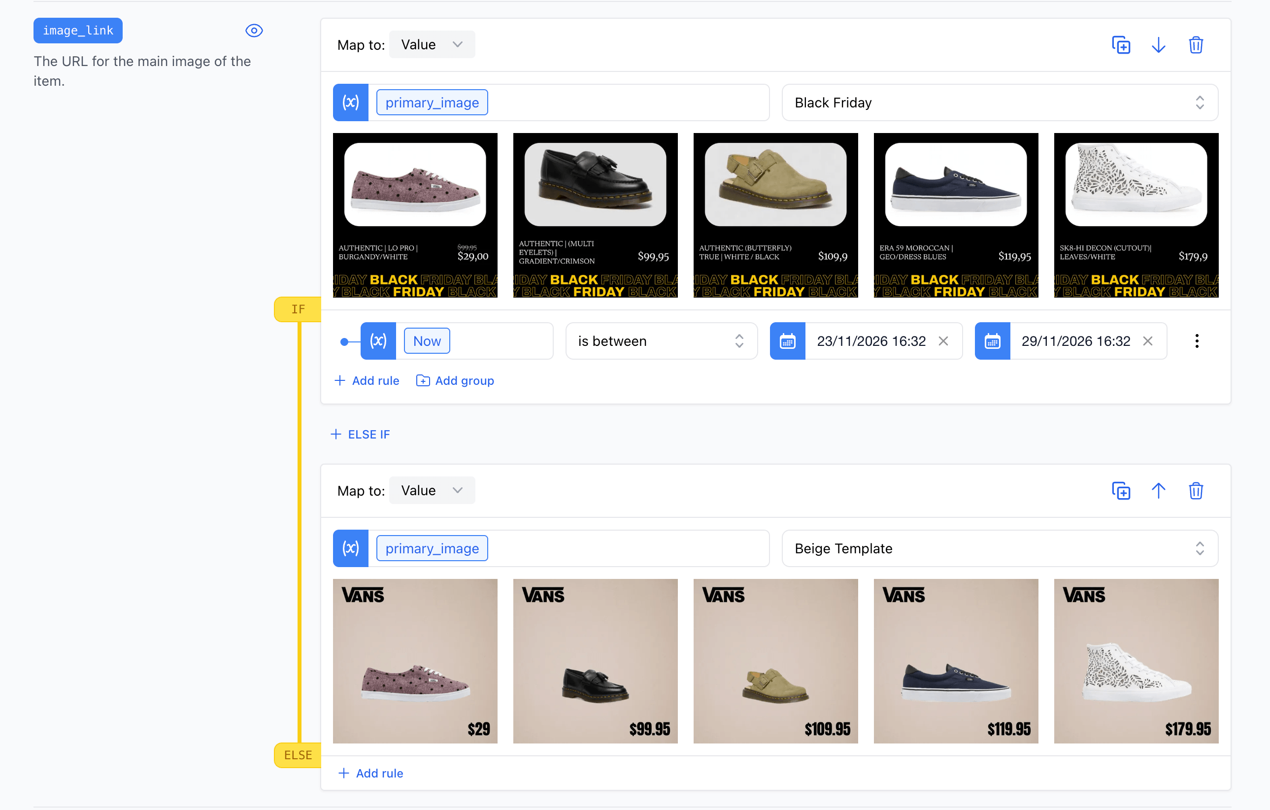 A Black Friday template scheduled to run between November 23 and November 29 in Output Mapping, with a regular template as the fallback